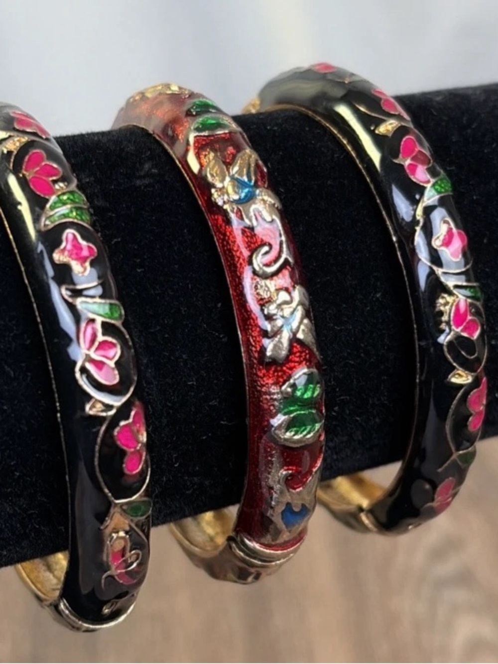 Set of 3 Black and Red Enamel Cloisonne Floral Clamper Bangle Bracelets